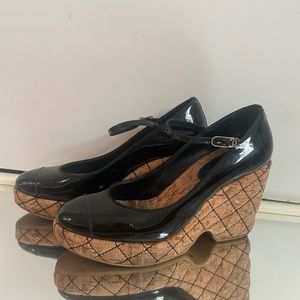 Chanel black leather quilted cork platform wedge Mary Jane heels!